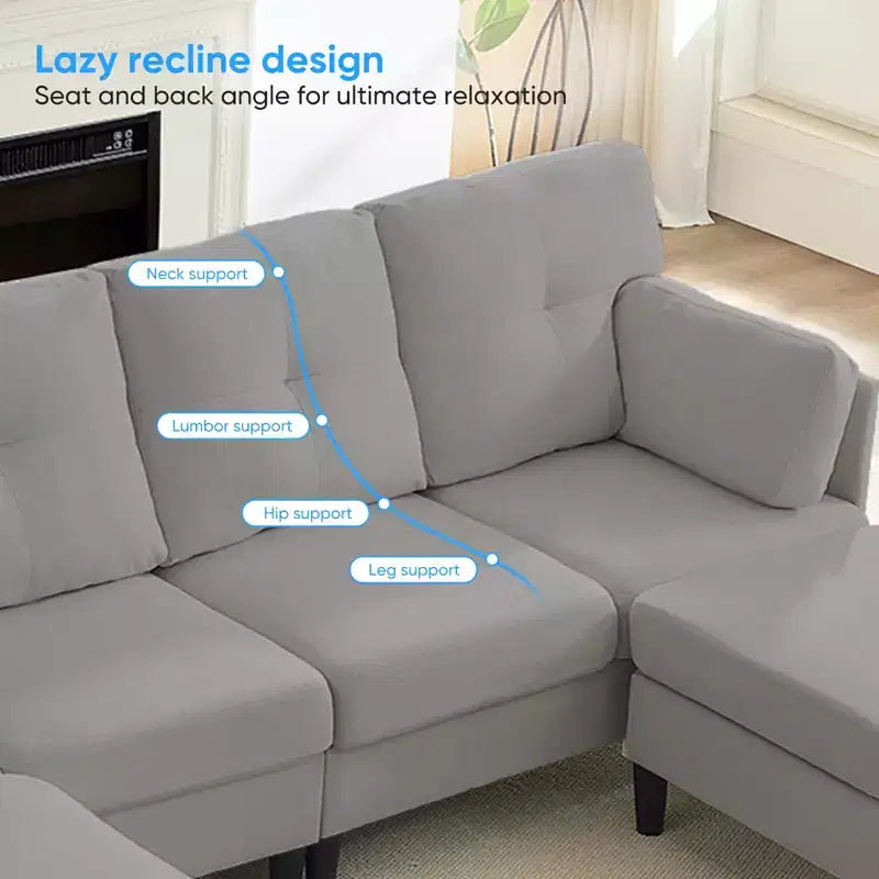 Canapé d'angle modulable et convertible, canapé 4 places rembourré en tissu confortable avec poufs amovibles