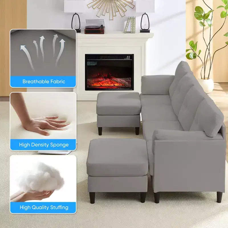 Canapé d'angle modulable et convertible, canapé 4 places rembourré en tissu confortable avec poufs amovibles