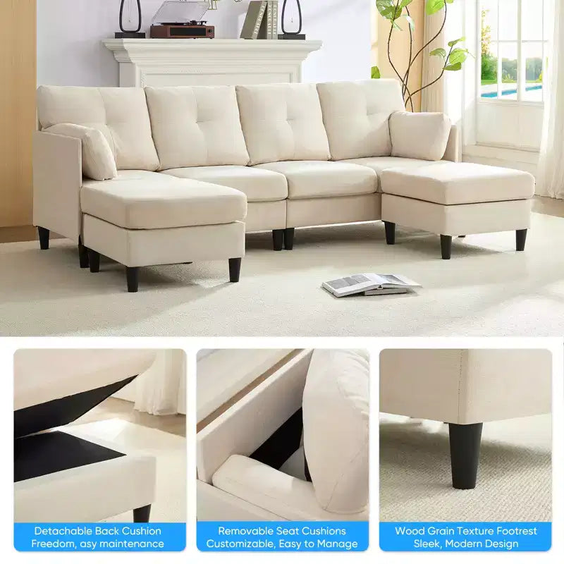 Canapé d'angle modulable et convertible, canapé 4 places rembourré en tissu confortable avec poufs amovibles