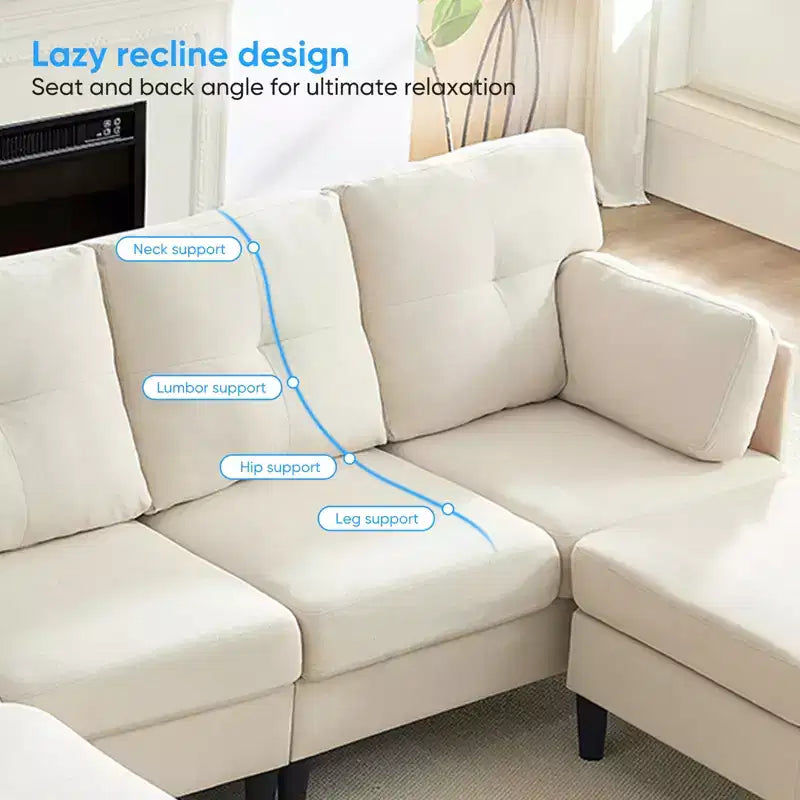 Canapé d'angle modulable et convertible, canapé 4 places rembourré en tissu confortable avec poufs amovibles