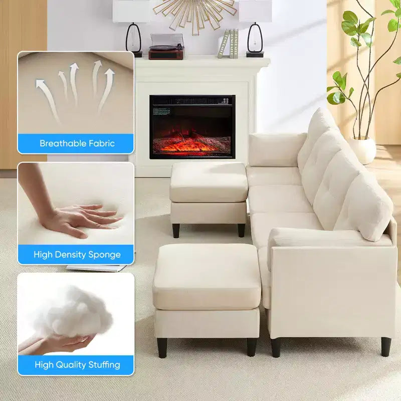 Canapé d'angle modulable et convertible, canapé 4 places rembourré en tissu confortable avec poufs amovibles