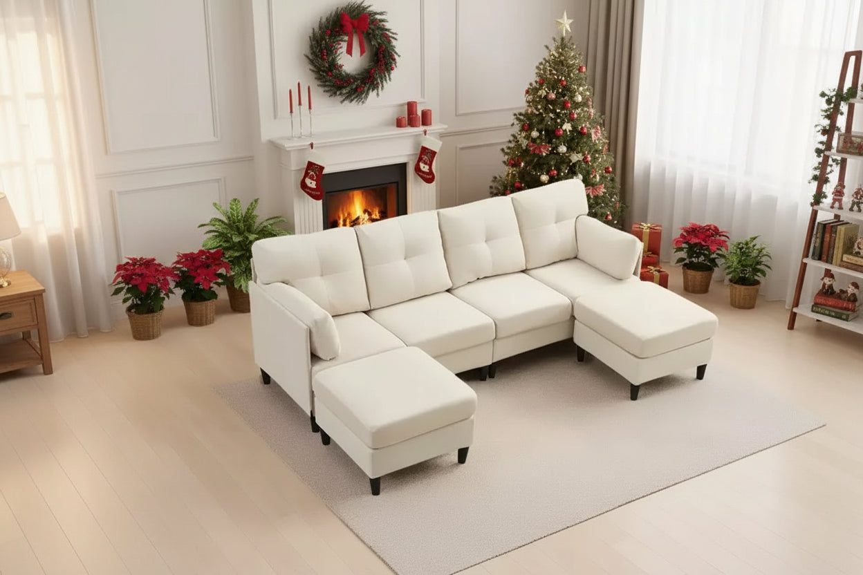Mjkone Modular Convertible Sectional Sofa Couch, Upholstered Comfy Fabric 4-Seater Sofa with Movable Ottomans