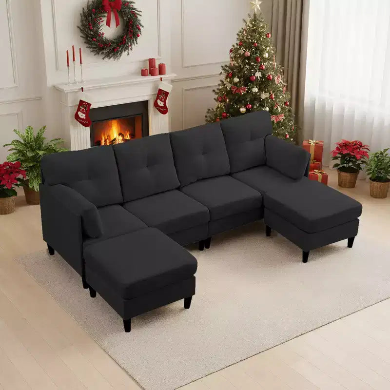 Canapé d'angle modulable et convertible, canapé 4 places rembourré en tissu confortable avec poufs amovibles