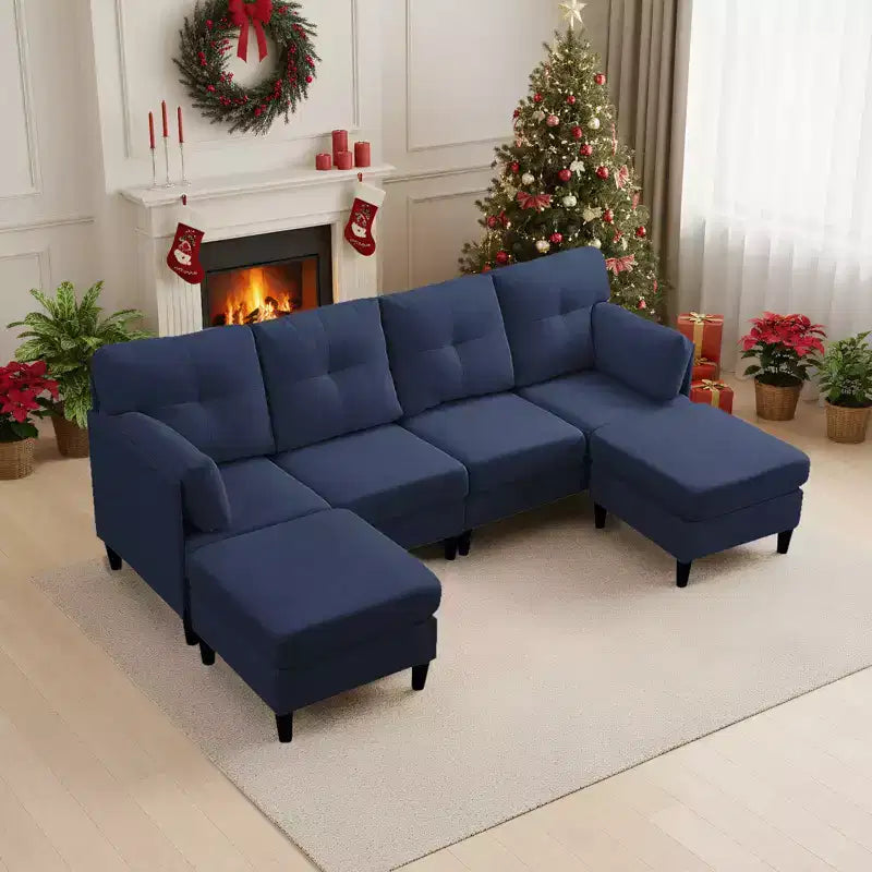 Canapé d'angle modulable et convertible, canapé 4 places rembourré en tissu confortable avec poufs amovibles