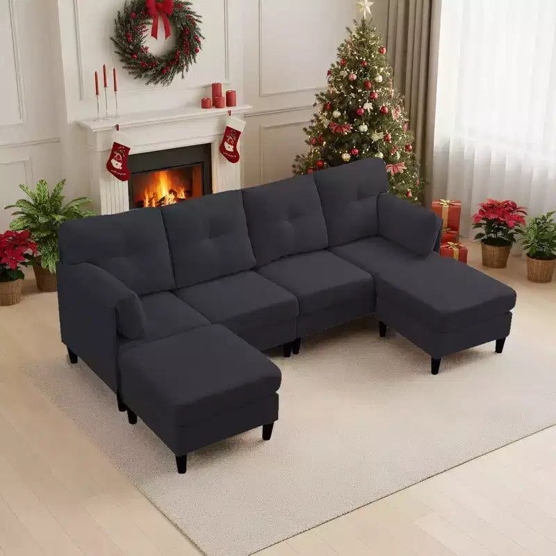 Canapé d'angle modulable et convertible, canapé 4 places rembourré en tissu confortable avec poufs amovibles