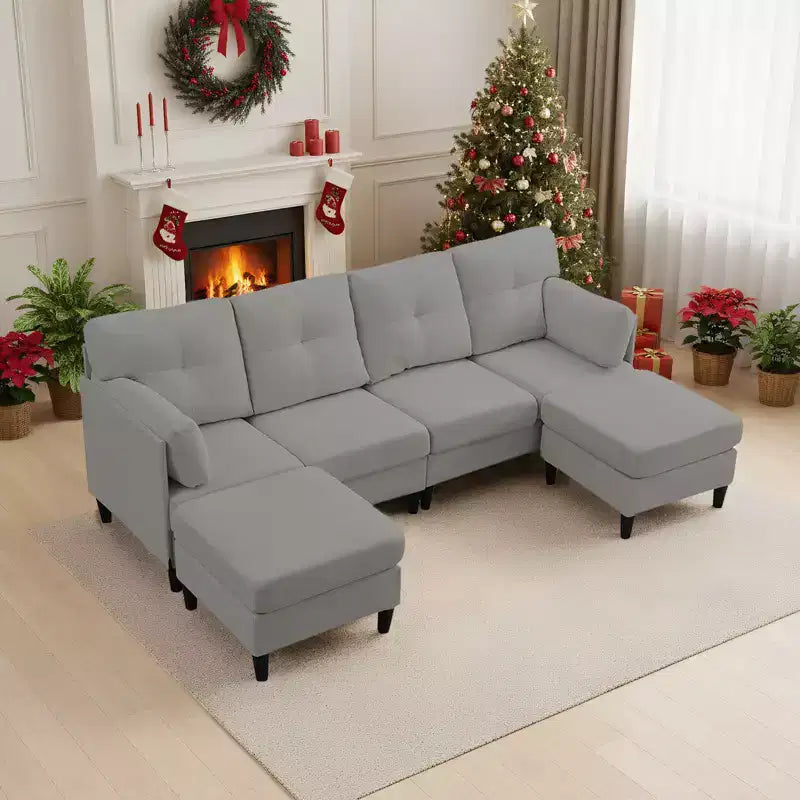 Canapé d'angle modulable et convertible, canapé 4 places rembourré en tissu confortable avec poufs amovibles