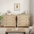 Commode à 3 tiroirs - Commode haute de style bohème avec pieds courbés, accents en rotin et rangement autoportant (76,2 L x 40,1 l x 74,4 H cm)