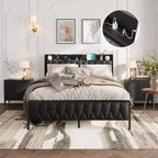 Full/ Queen/ KingBed Frame with Charging Station, Faux Leather Platform Bed with Storage Button Headboard & Footboard, No Box Spring Needed, Black