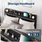 Cadre de lit double/grand lit/très grand lit avec station de recharge, lit plateforme en similicuir avec tête et pied de lit capitonnés, pas besoin de sommier tapissier, noir