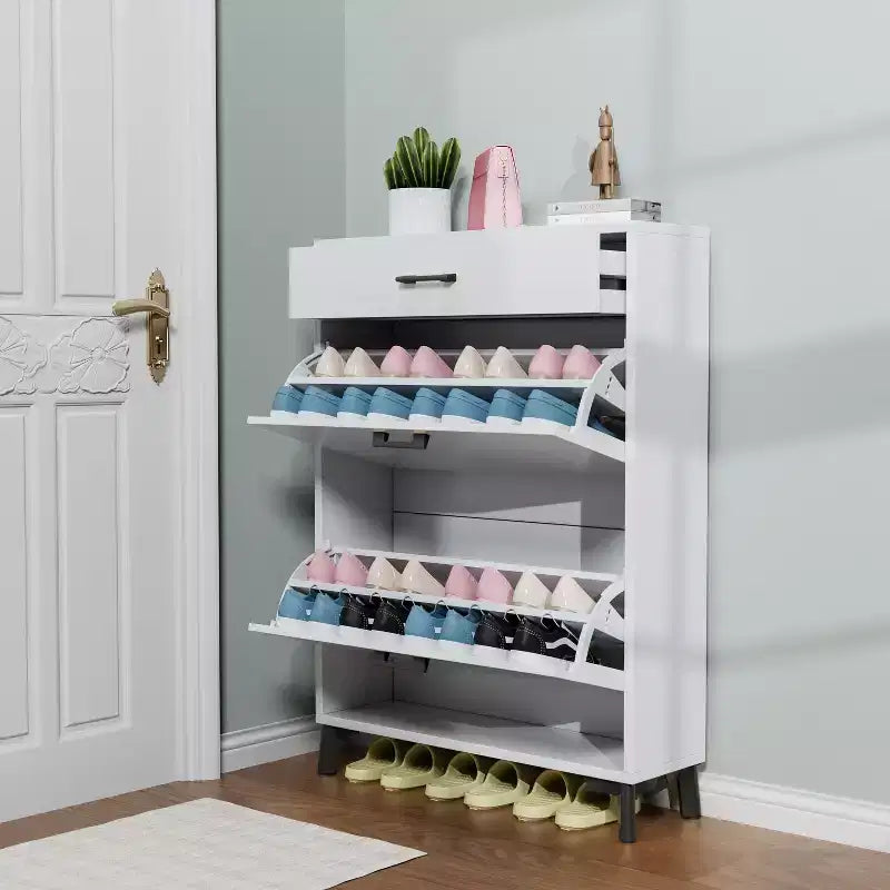 Meuble à chaussures avec 2 tiroirs basculants, Organisateur de chaussures sur pied, Meuble à chaussures étroit et dissimulé pour entrée, couloir, salon