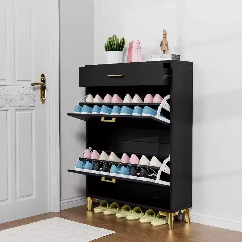 Meuble à chaussures avec 2 tiroirs basculants, Organisateur de chaussures sur pied, Meuble à chaussures étroit et dissimulé pour entrée, couloir, salon