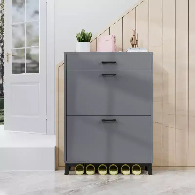 Meuble à chaussures avec 2 tiroirs basculants, Organisateur de chaussures sur pied, Meuble à chaussures étroit et dissimulé pour entrée, couloir, salon