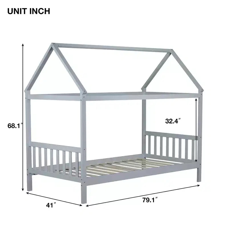 Lit double en bois d'hévéa avec cadre en forme de maison gris