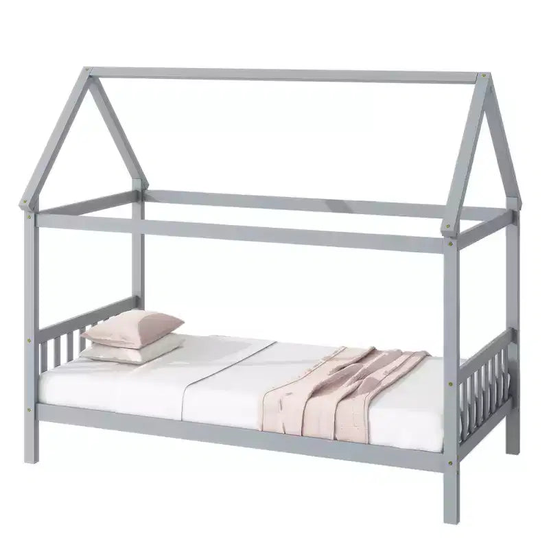 Lit double en bois d'hévéa avec cadre en forme de maison gris