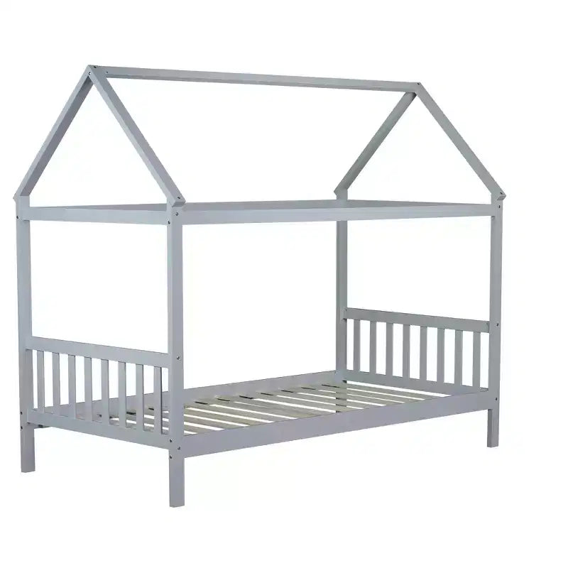 Lit double en bois d'hévéa avec cadre en forme de maison gris