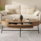 Table basse ovale avec tiroir, table basse en bois de 120 cm avec rangement et pieds croisés en métal, design incurvé unique pour le salon