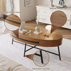 Table basse ovale avec tiroir, table basse en bois de 120 cm avec rangement et pieds croisés en métal, design incurvé unique pour le salon