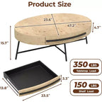 Table basse ovale avec tiroir, table basse en bois de 120 cm avec rangement et pieds croisés en métal, design incurvé unique pour le salon
