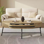 Table basse ovale avec tiroir, table basse en bois de 120 cm avec rangement et pieds croisés en métal, design incurvé unique pour le salon