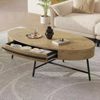 Table basse ovale avec tiroir, table basse en bois de 120 cm avec rangement et pieds croisés en métal, design incurvé unique pour le salon