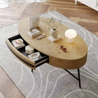 Table basse ovale avec tiroir, table basse en bois de 120 cm avec rangement et pieds croisés en métal, design incurvé unique pour le salon