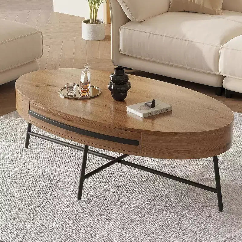 Table basse ovale avec tiroir, table basse en bois de 120 cm avec rangement et pieds croisés en métal, design incurvé unique pour le salon