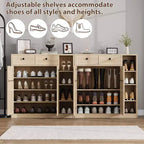 Meubles de rangement multi-usages avec portes et tiroirs, meuble à chaussures étroit avec étagères réglables
