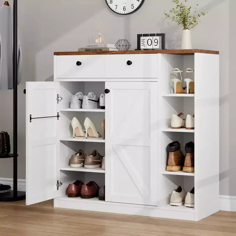 Meubles de rangement multi-usages avec portes et tiroirs, meuble à chaussures étroit avec étagères réglables