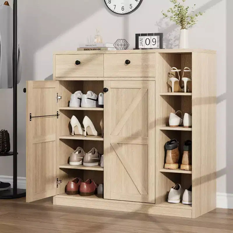 Meubles de rangement multi-usages avec portes et tiroirs, meuble à chaussures étroit avec étagères réglables