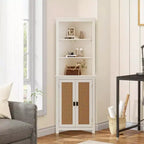 Rattan Corner Cabinet with 2 Doors and 3 Open Shelves, Corner Storage Cabinet with Adjustable Shelf