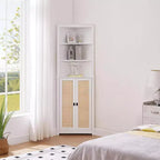 Meuble d'angle en rotin avec 2 portes et 3 étagères ouvertes, meuble de rangement d'angle avec étagère réglable