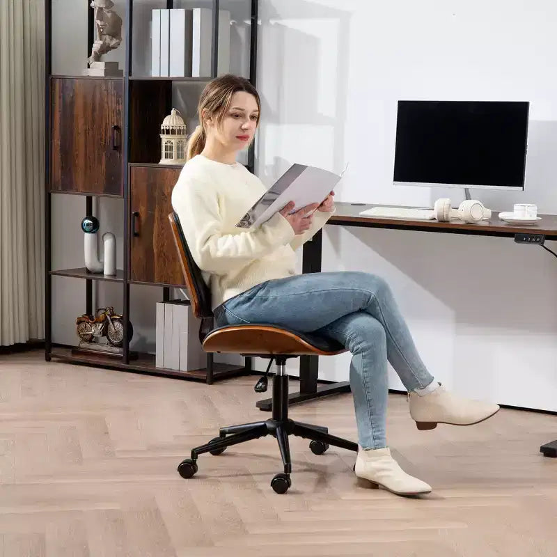 Chaise de bureau à domicile sans accoudoirs avec roulettes, chaise de bureau à dossier mi-haut en cuir PU avec hauteur réglable, pivotante à 360° pour bureau, salle de réunion
