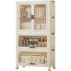 Acekool Kids Wardrobe Closet with Doors & Wheels, 3-Tier Portable Storage Cabinet with Hanging Rod, Organizer for Nursery or Bedroom