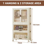 Armoire penderie pour enfants avec portes et roulettes, meuble de rangement portable à 3 niveaux avec tringle à vêtements, organisateur pour chambre d'enfant ou crèche