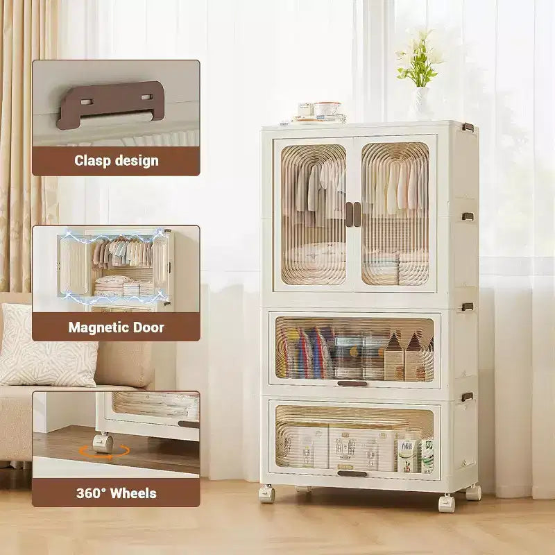 Armoire penderie pour enfants avec portes et roulettes, meuble de rangement portable à 3 niveaux avec tringle à vêtements, organisateur pour chambre d'enfant ou crèche
