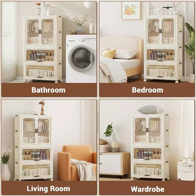 Armoire penderie pour enfants avec portes et roulettes, meuble de rangement portable à 3 niveaux avec tringle à vêtements, organisateur pour chambre d'enfant ou crèche