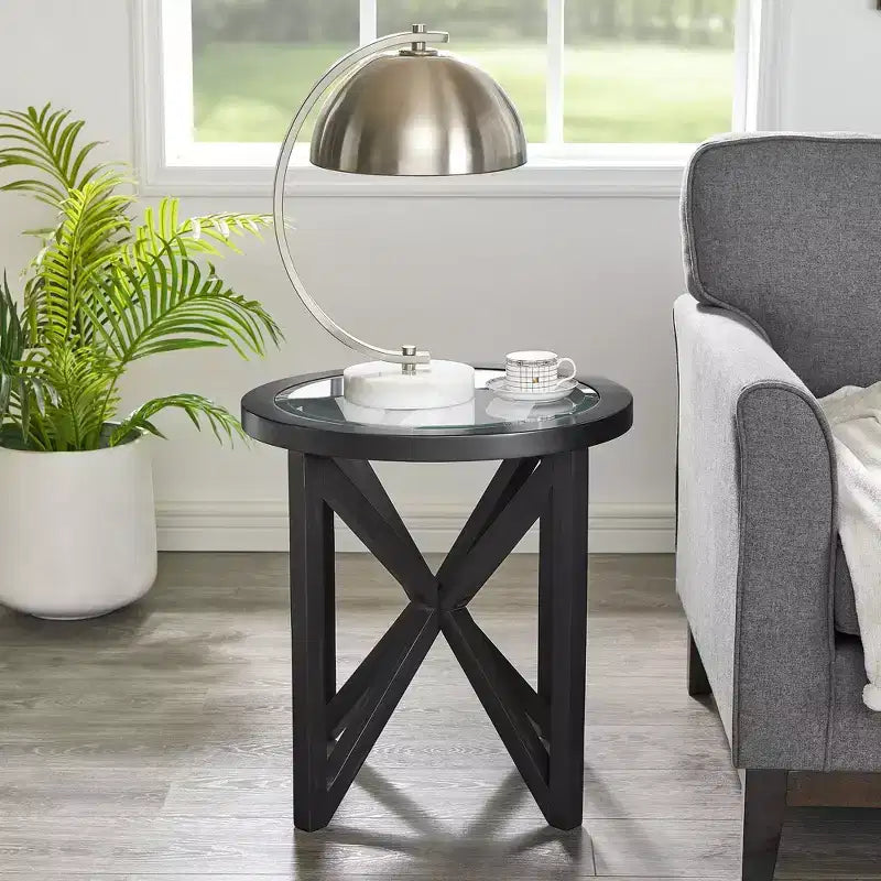 Table basse ronde en verre, design moderne et simple, base en bois massif, plateau en verre trempé transparent, pour salon, terrasse, bureau