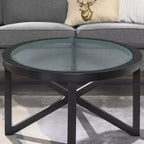 Table basse ronde en verre, design moderne et simple, base en bois massif, plateau en verre trempé transparent, pour salon, terrasse, bureau