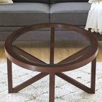 Table basse ronde en verre, design moderne et simple, base en bois massif, plateau en verre trempé transparent, pour salon, terrasse, bureau