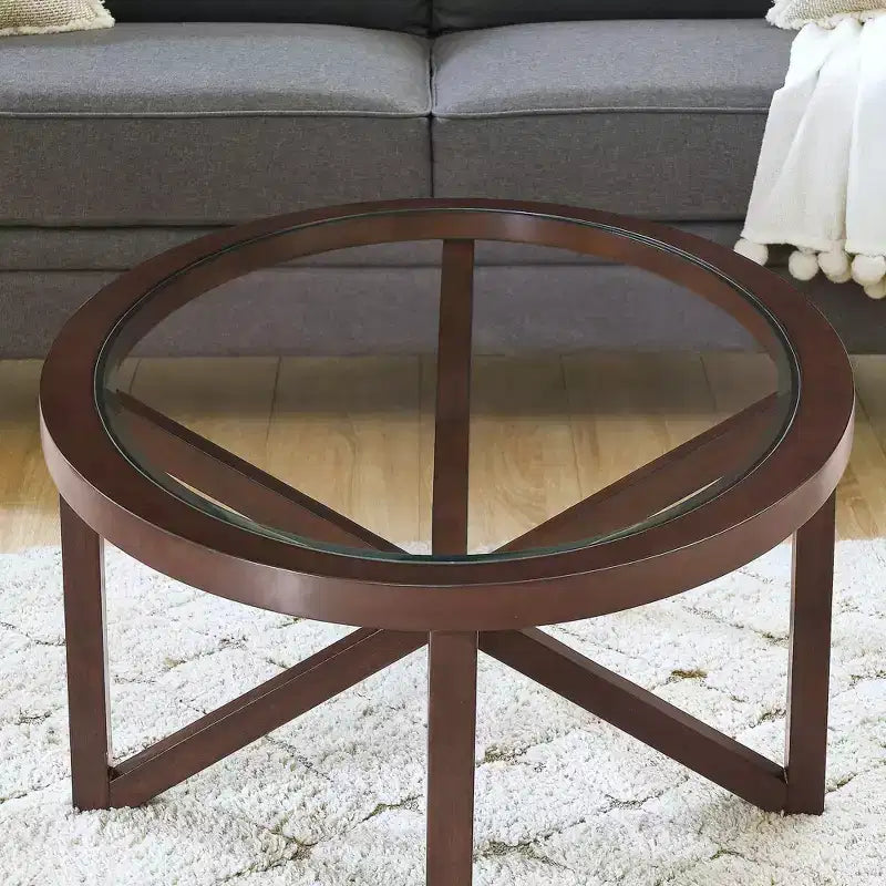 Table basse ronde en verre, design moderne et simple, base en bois massif, plateau en verre trempé transparent, pour salon, terrasse, bureau
