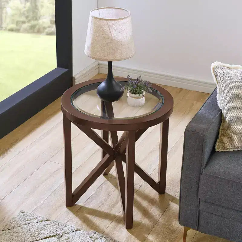 Table basse ronde en verre, design moderne et simple, base en bois massif, plateau en verre trempé transparent, pour salon, terrasse, bureau