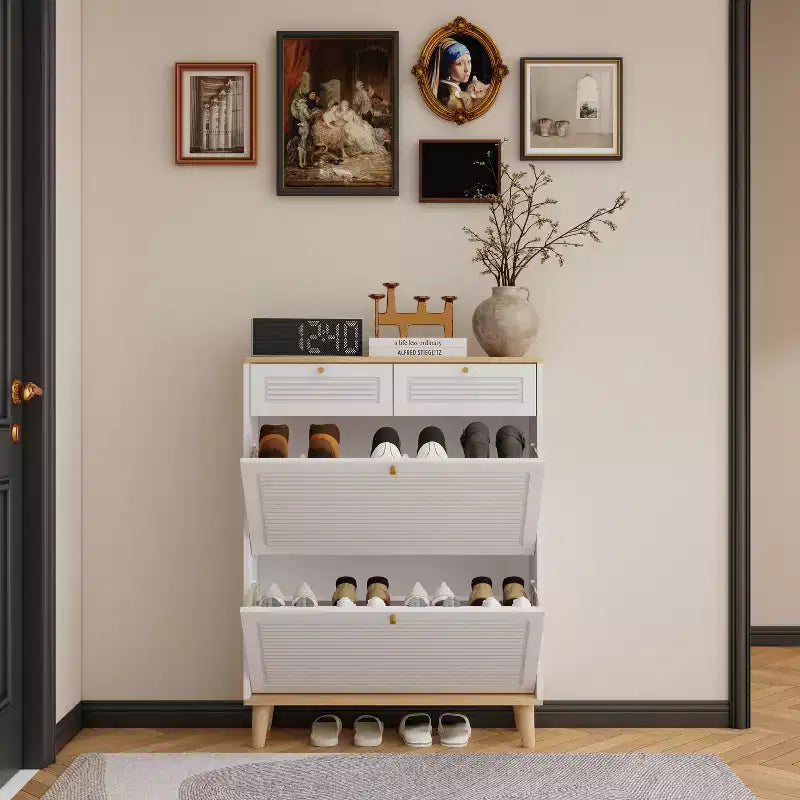 Range-chaussures avec 2 portes basculantes 2 tiroirs Meuble à chaussures étroit Pieds en bois naturel
