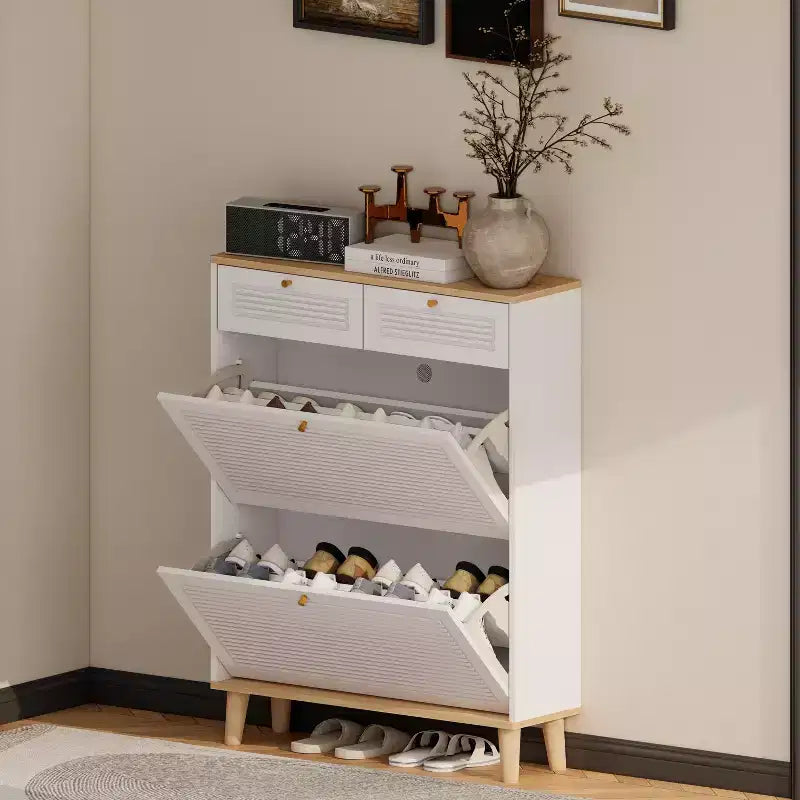 Range-chaussures avec 2 portes basculantes 2 tiroirs Meuble à chaussures étroit Pieds en bois naturel