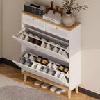 Range-chaussures avec 2 portes basculantes 2 tiroirs Meuble à chaussures étroit Pieds en bois naturel