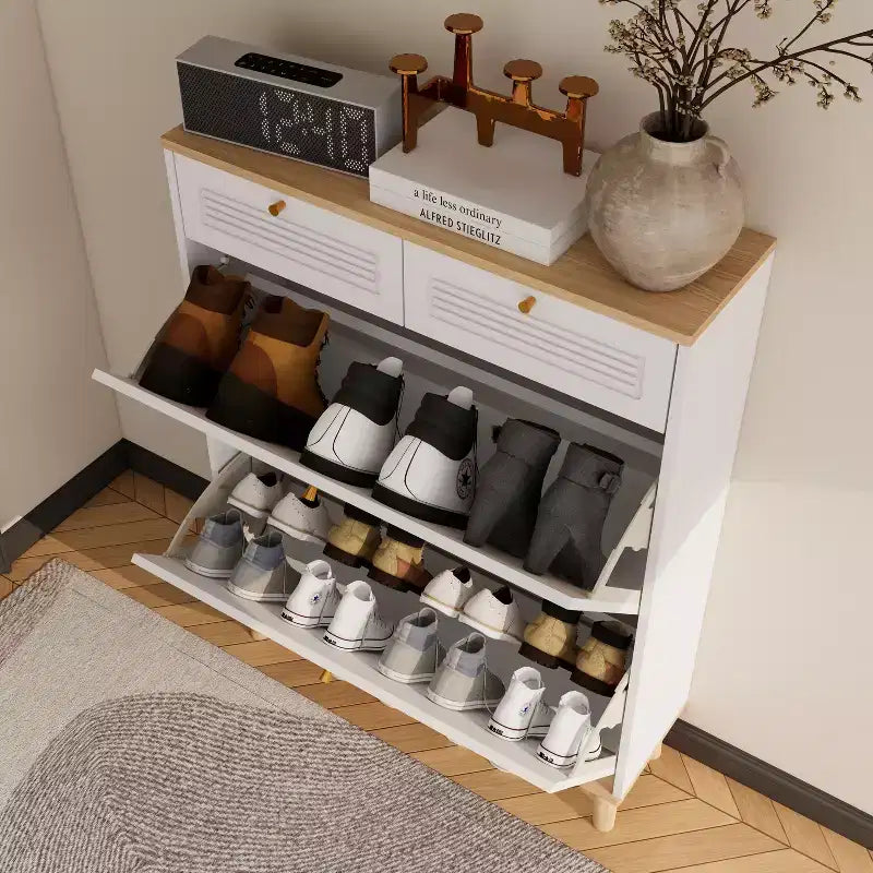 Range-chaussures avec 2 portes basculantes 2 tiroirs Meuble à chaussures étroit Pieds en bois naturel