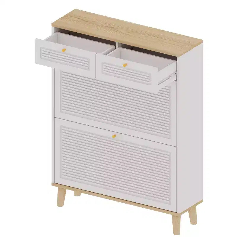 Range-chaussures avec 2 portes basculantes 2 tiroirs Meuble à chaussures étroit Pieds en bois naturel