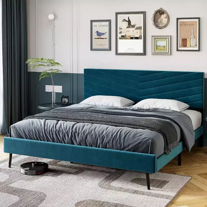 Cadre de lit plateforme rembourré en velours avec tête de lit réglable, lattes en bois, aucun sommier tapissier requis, assemblage facile, sans bruit