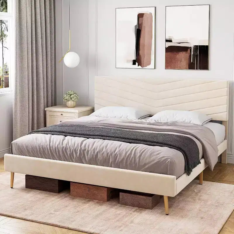 Cadre de lit plateforme rembourré en velours avec tête de lit réglable, lattes en bois, aucun sommier tapissier requis, assemblage facile, sans bruit