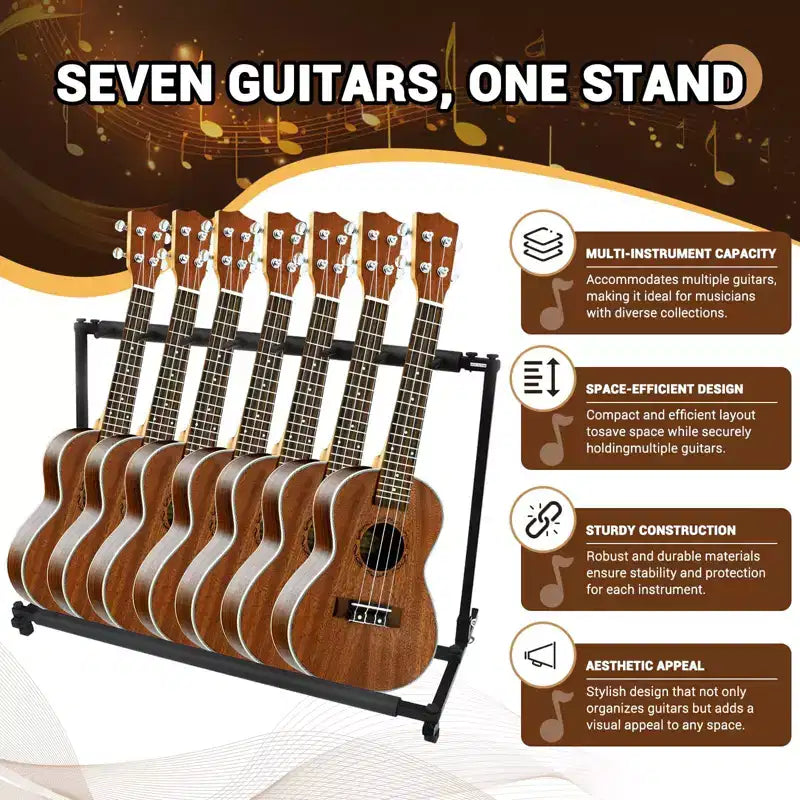 Support de guitare pliable 7 places universel multi-guitares pour guitares électriques, acoustiques et basses, rangement compact pour la maison ou le studio