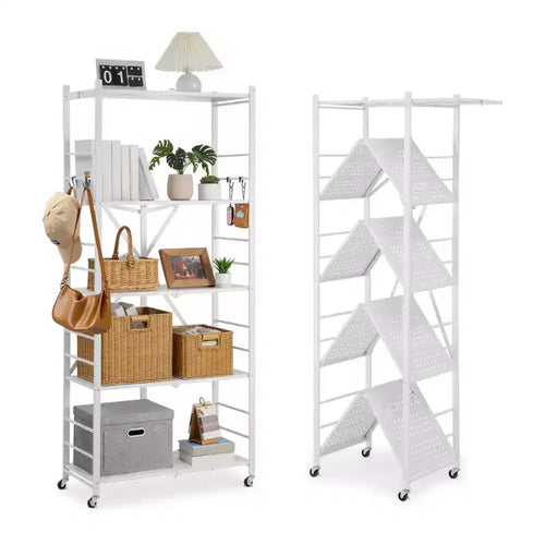 VEVOR 5-Tier Foldable Storage Shelf, 32W x 14D x 72H Inch Folding Metal Rack Shelving Unit, No Assembly Organizer Shelf with 5 Wheels & 4 Hooks,White